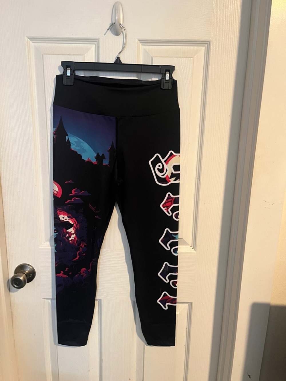 Black Graphic Leggings with Nightscape Print